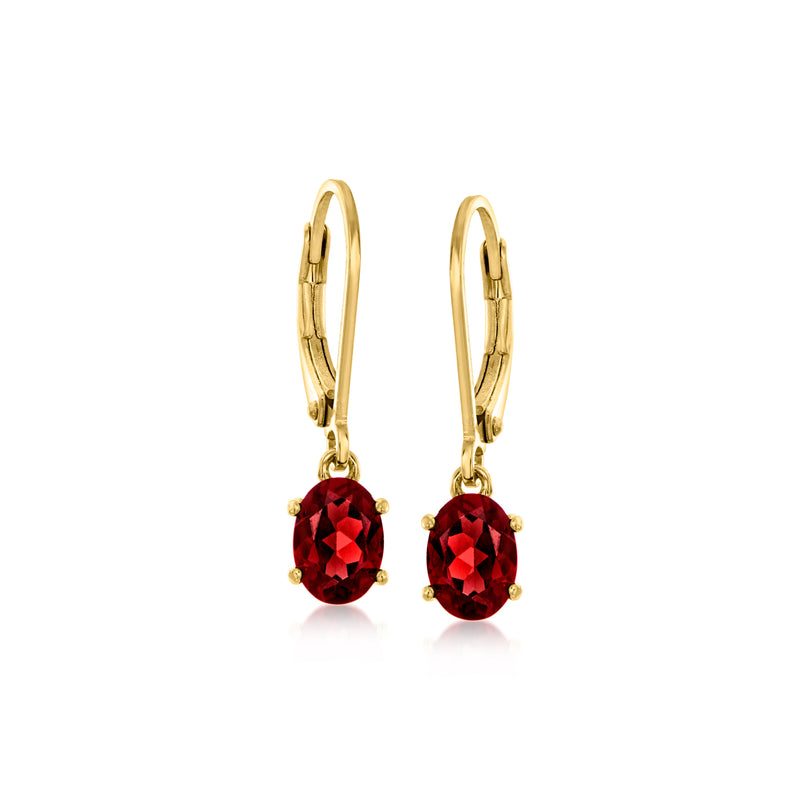 Leverback drop earrings with red faceted gemstone