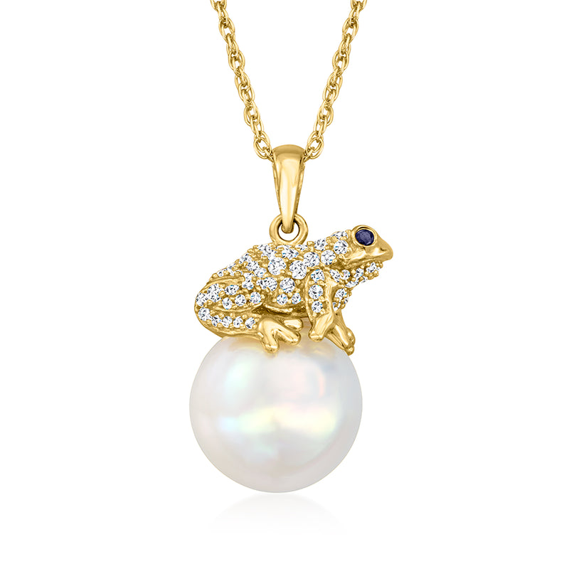 Gold frog pendant necklace with sapphire eyes and large white cultured pearl drop