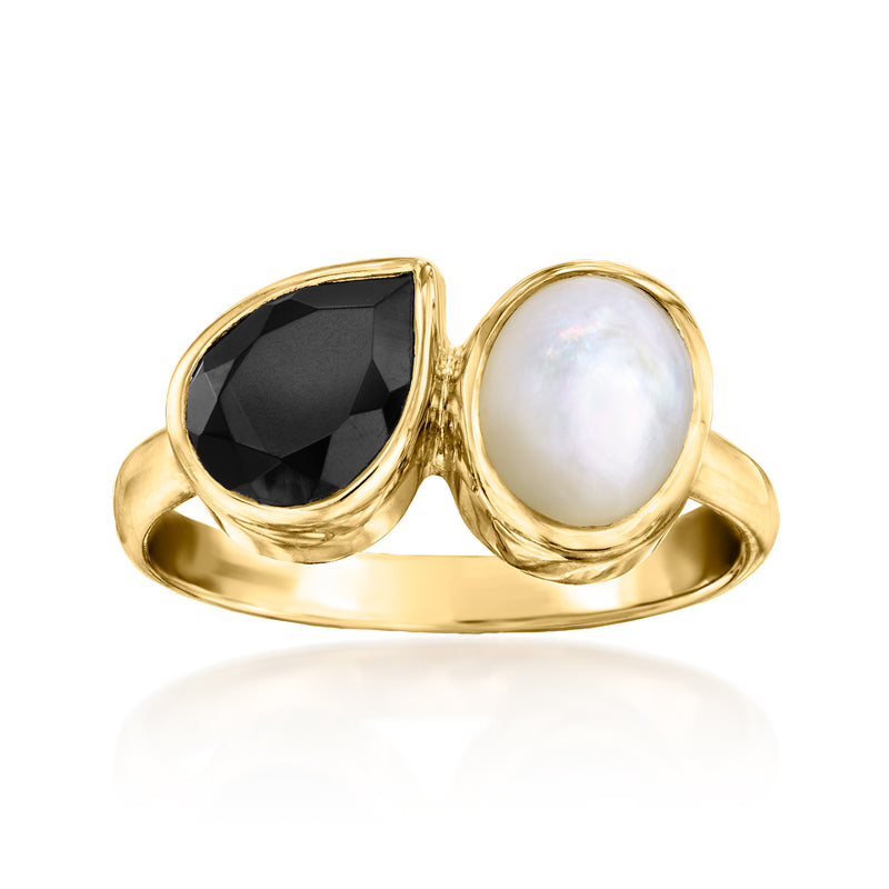 Gold-tone toi et moi ring with black onyx and white mother-of-pearl in oval settings
