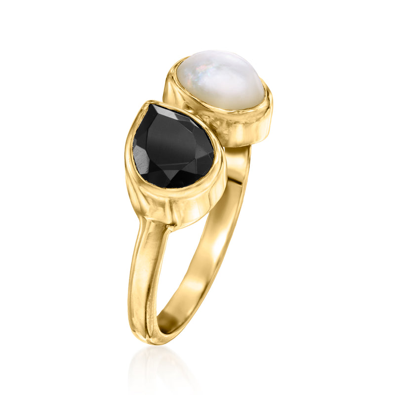 Gold-tone oval two-stone ring with black onyx and white mother-of-pearl bezel tops