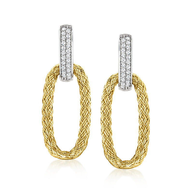 Sterling silver hoop earrings with CZ pavé and gold braided oval drop links