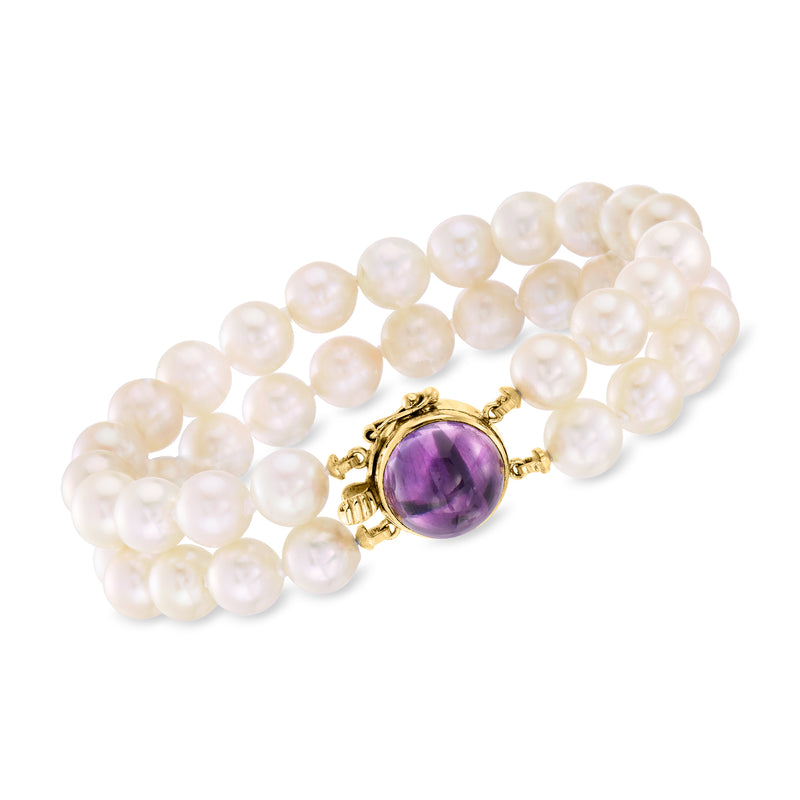 Cultured pearl two-strand bracelet with round amethyst bezel in 14kt yellow gold