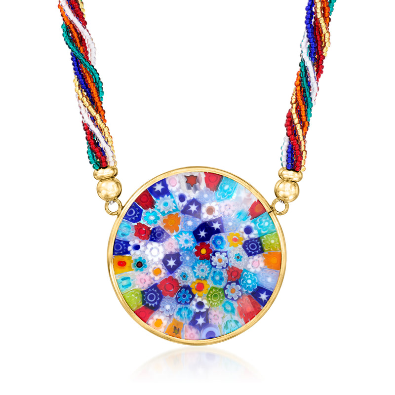 Millefiori glass pendant necklace with multicolor bead strands and gold-toned bezel