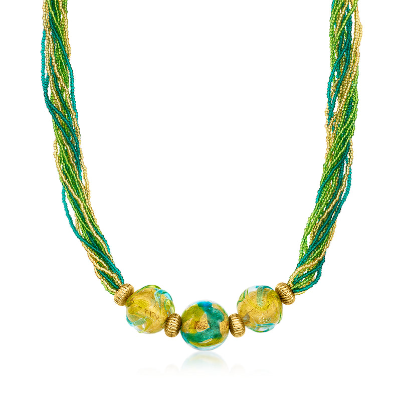 Multi-strand Murano glass necklace, green and gold beads with gold-toned spacers