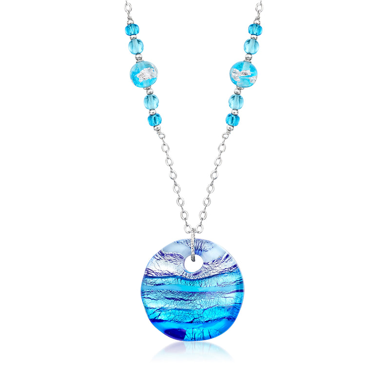 Blue Murano glass pendant necklace in sterling silver with round blue bead accents