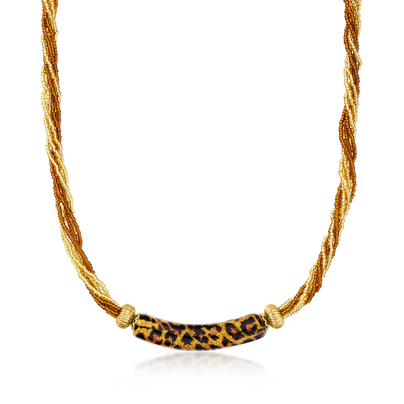 Gold-toned multi-strand bead necklace with leopard-print Murano glass bar centerpiece