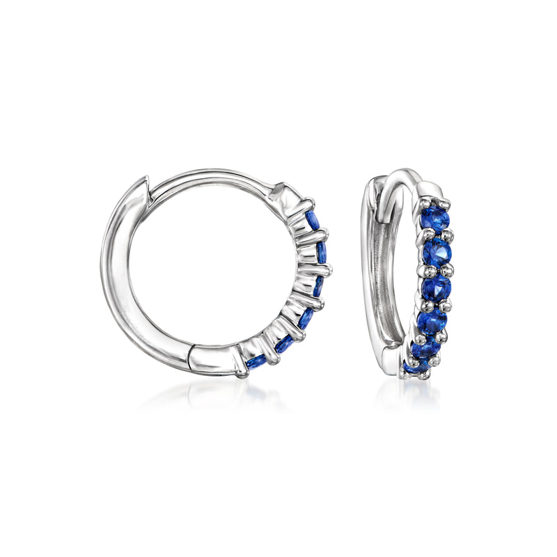 14kt white gold huggie hoop earrings with blue sapphire accents