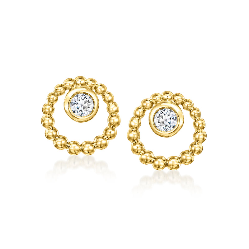 14kt yellow gold post earrings with round white sapphire in beaded halo