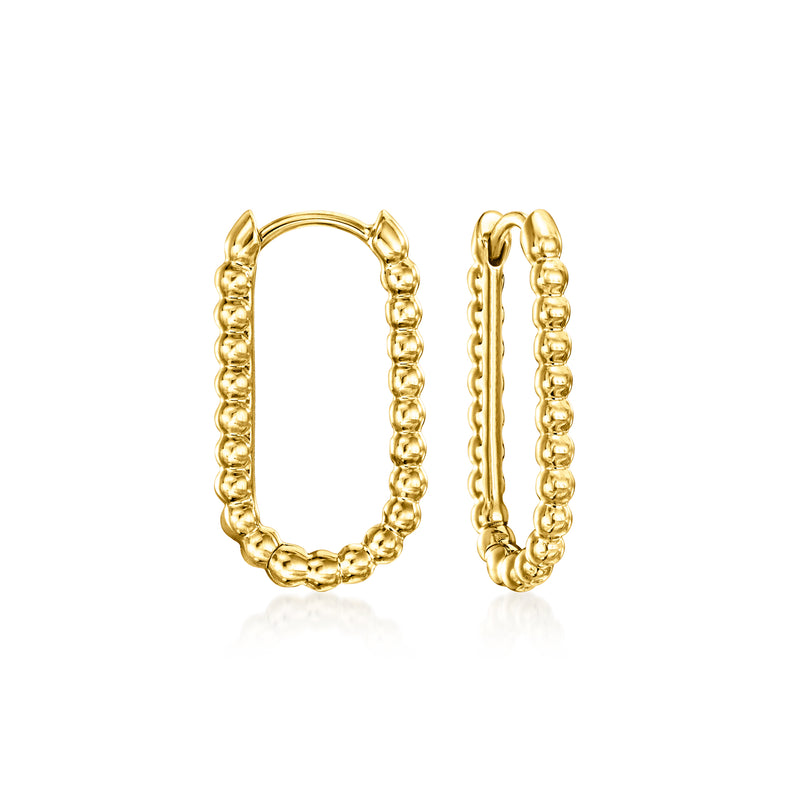14kt yellow gold beaded oval hoop earrings, textured bead detail