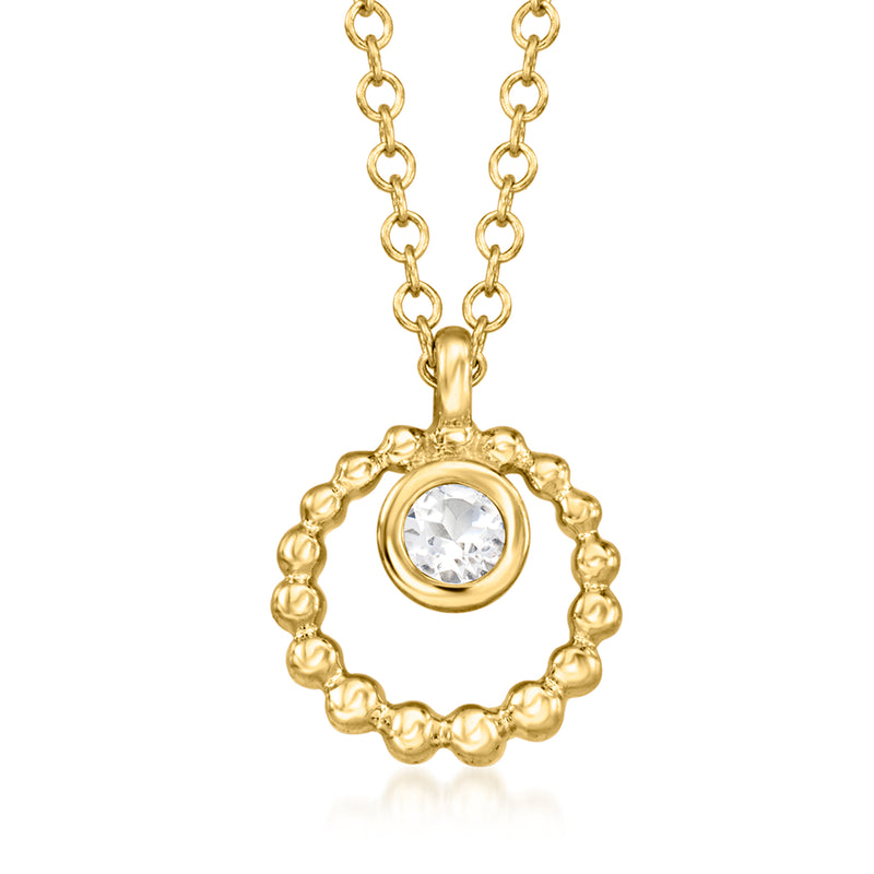 14kt yellow gold beaded circle pendant necklace with single white sapphire