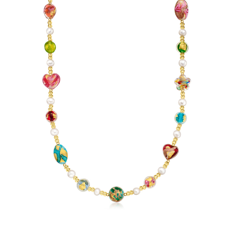 Cultured pearl and multicolored Murano glass bead necklace with gold-tone accents