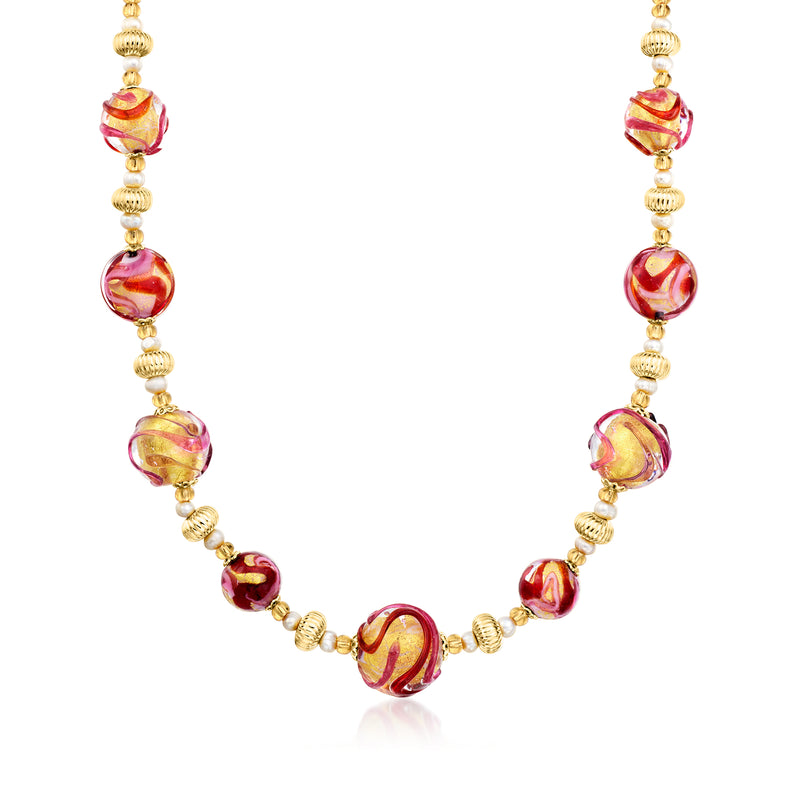 Gold-tone bead necklace with red and pink Murano glass beads and small cultured pearls