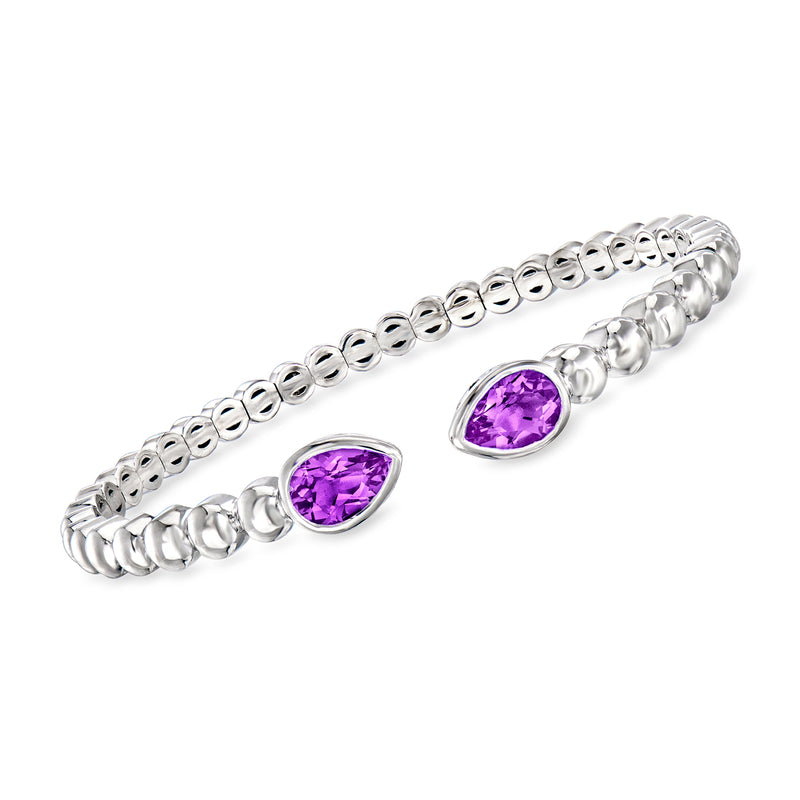 Sterling silver beaded cuff bracelet with two oval amethyst gemstones