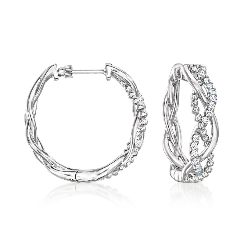 Twisted sterling silver hoop earrings with white sapphire accents