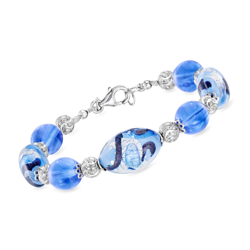 Sterling silver Murano glass bead bracelet with blue oval and round beads