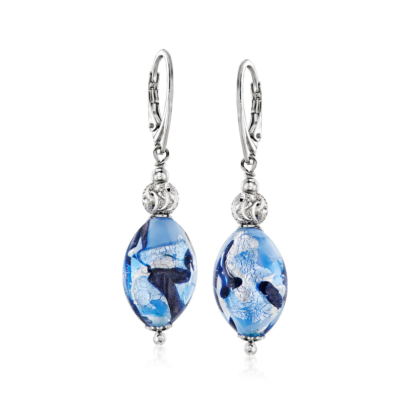 Sterling silver leverback drop earrings with blue Murano glass oval beads and bead caps