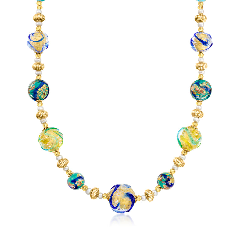 Gold over sterling Murano glass bead necklace with blue and green beads and cultured pearls
