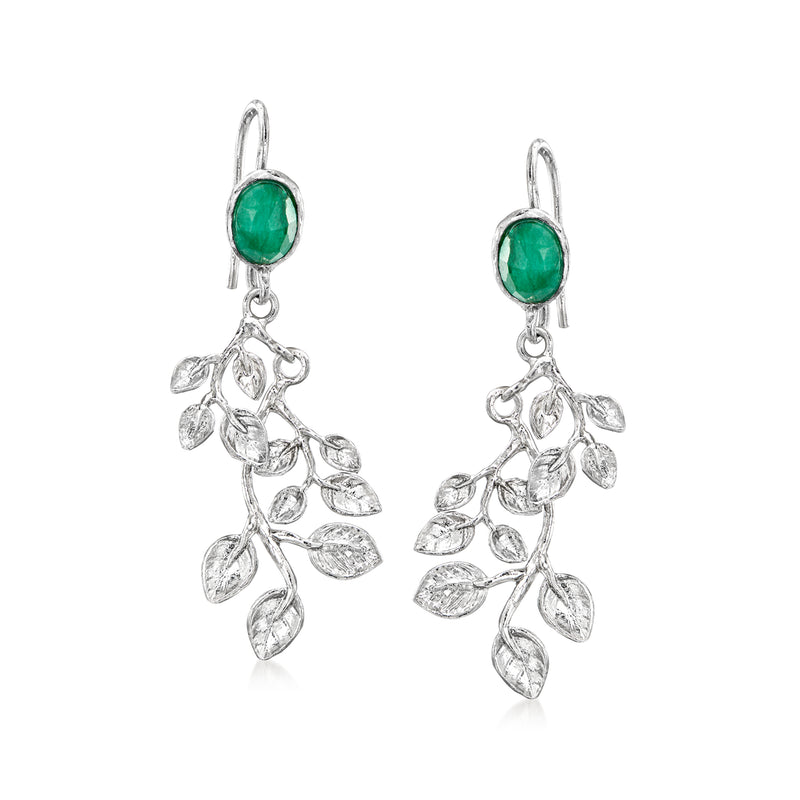 Sterling silver leaf drop earrings with green oval stone and earwire hooks