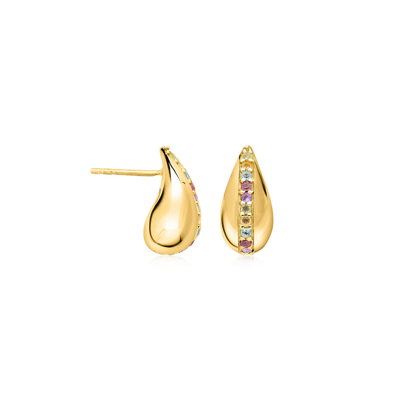 Gold teardrop drop earrings with purple and clear gemstone inlay