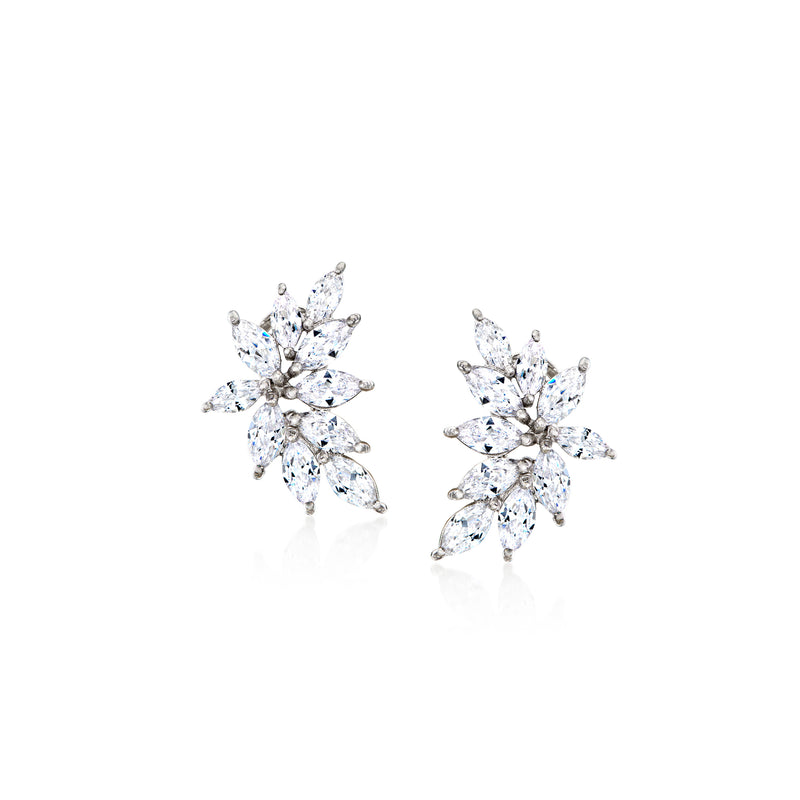 Sterling silver CZ cluster earrings with marquise stones, stud/post style, front view