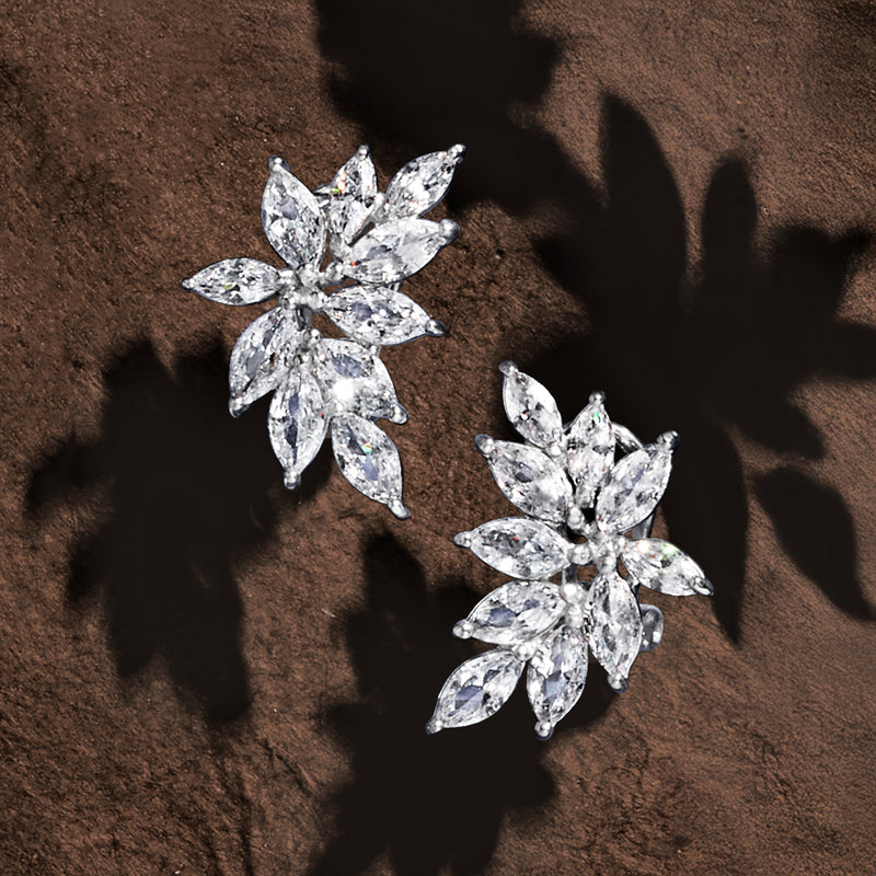 Sterling silver CZ cluster earrings with marquise stones, two-piece layout, sparkle detail