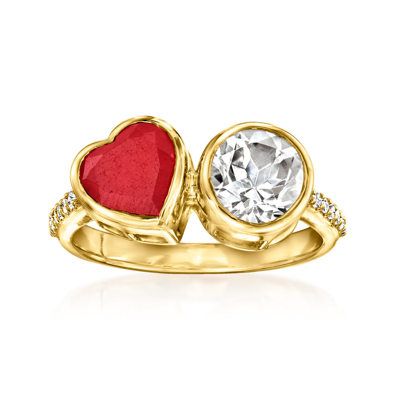 Gold toi et moi ring with heart-shaped red ruby and round clear white topaz