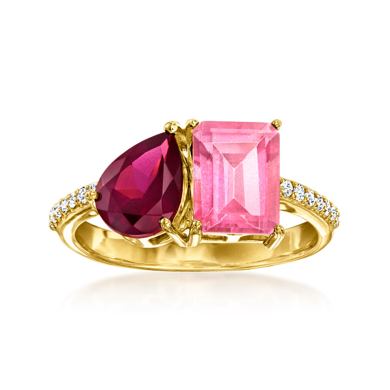 Toi et moi ring with pink topaz, rhodolite garnet, and white topaz in gold