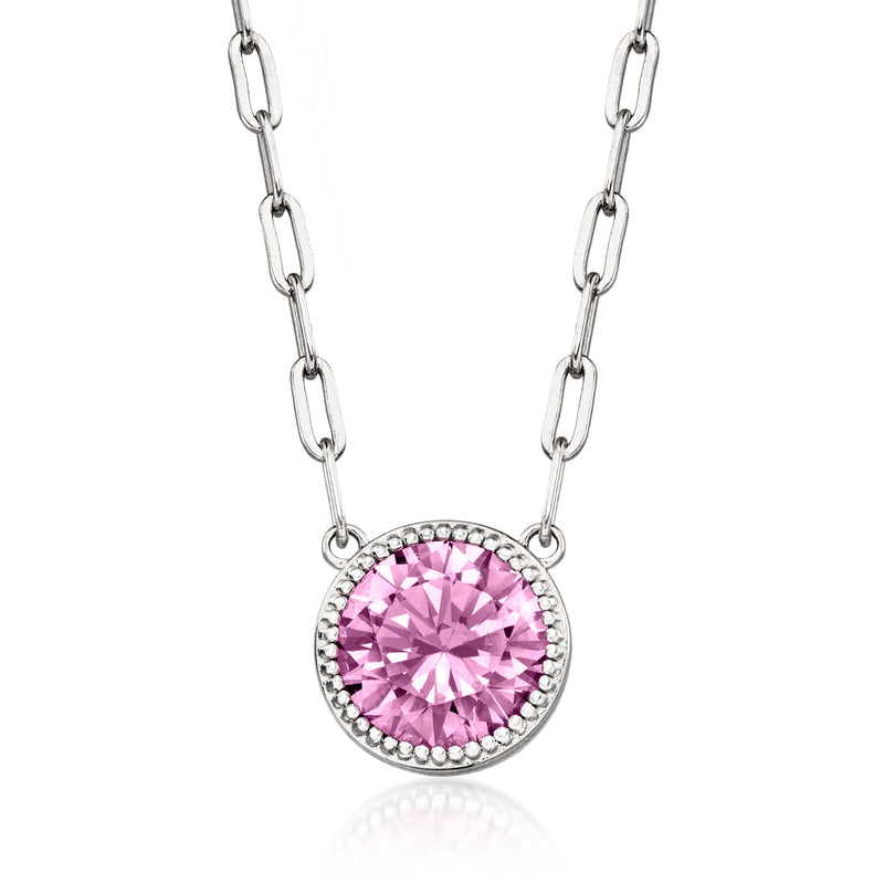 Sterling silver paper-clip link necklace with round pink simulated sapphire pendant