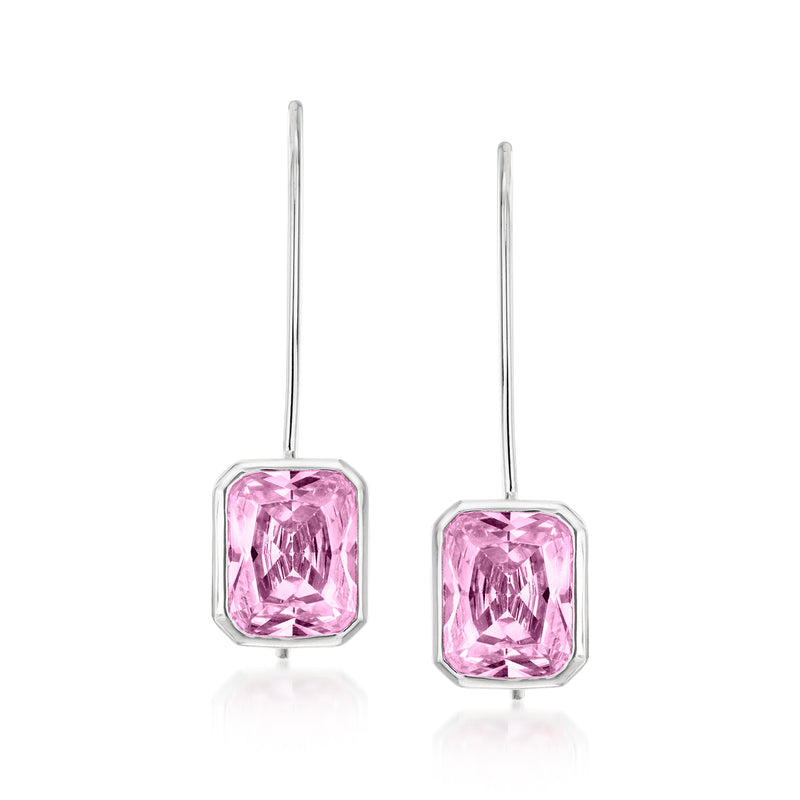 Sterling silver drop earrings with pink simulated sapphire, rectangular bezel setting