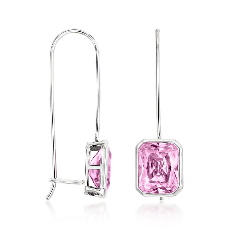 Sterling silver earwire drop earrings with pink simulated sapphire in square setting