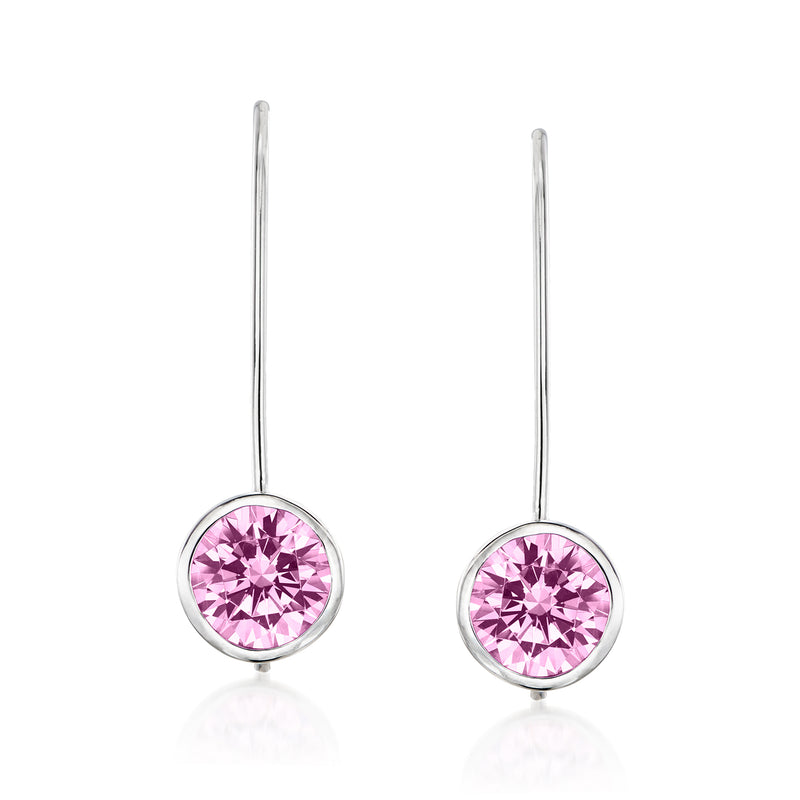 Sterling silver earwire drop earrings with round pink simulated sapphire center