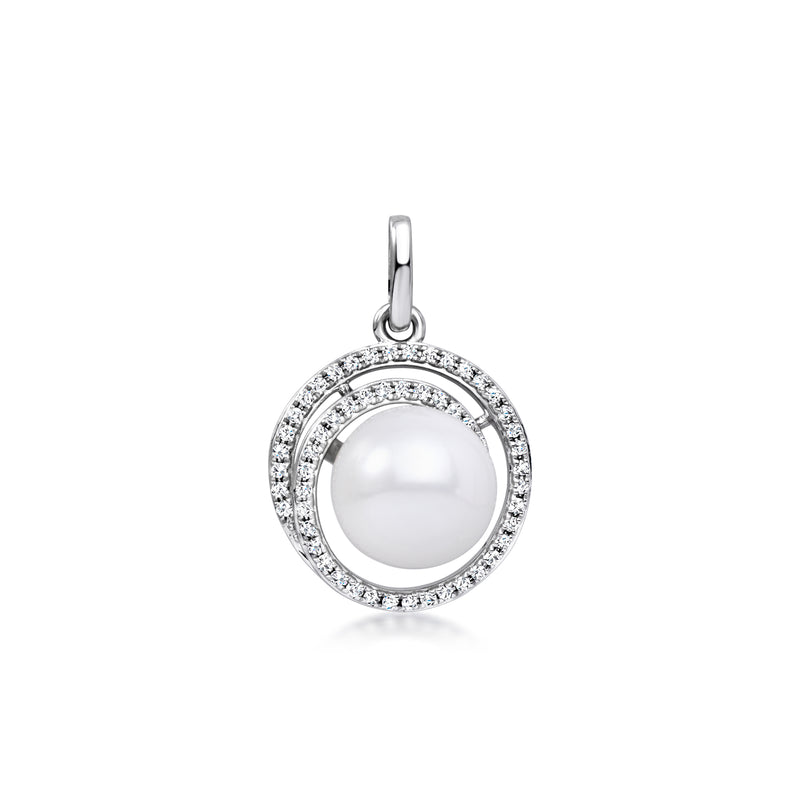 14kt white gold round cultured pearl pendant with diamond halo frame