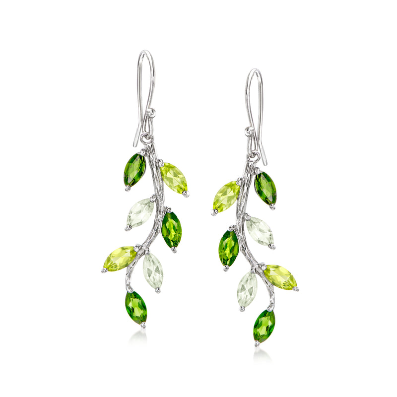 Sterling silver vine drop earrings with green and clear teardrop gemstones, earwire