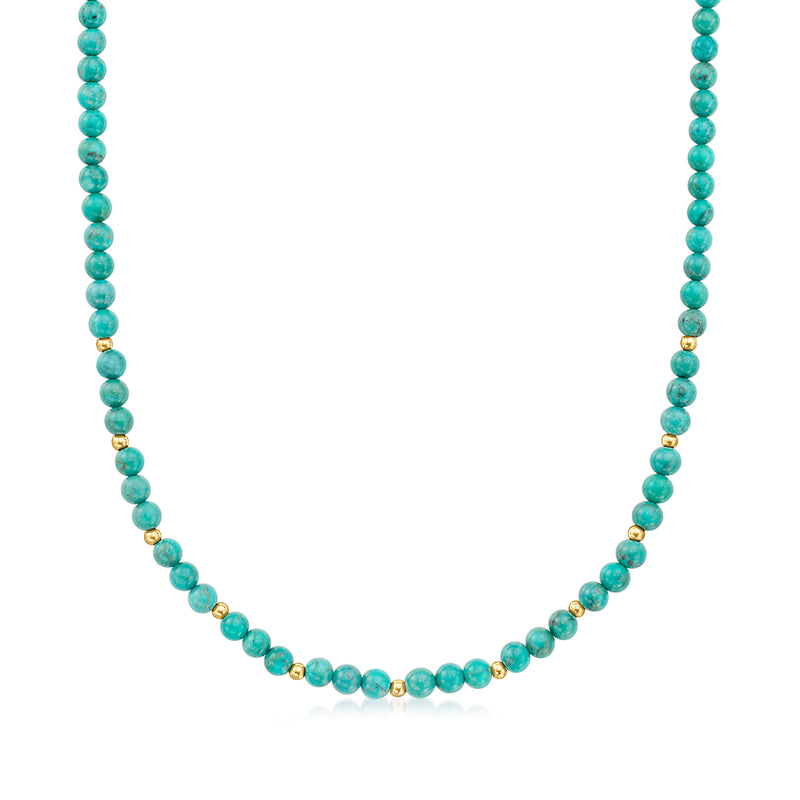 Turquoise bead necklace with 14kt yellow gold clasp and 4–4.5mm round beads