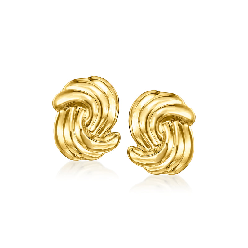 Curved gold-tone button stud earrings with spiral ridged swirl design