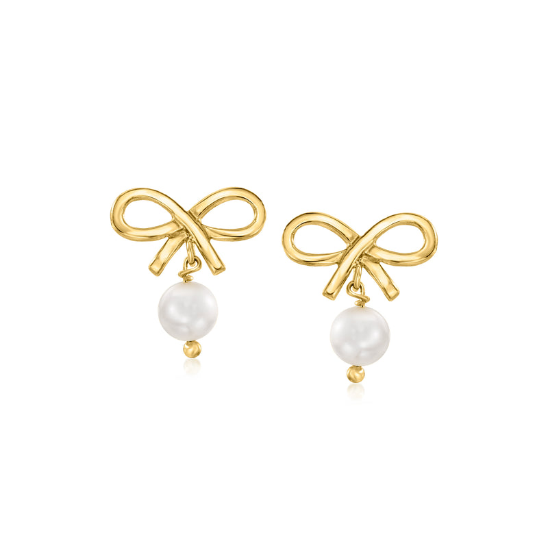 Gold bow drop earrings with white pearl dangles