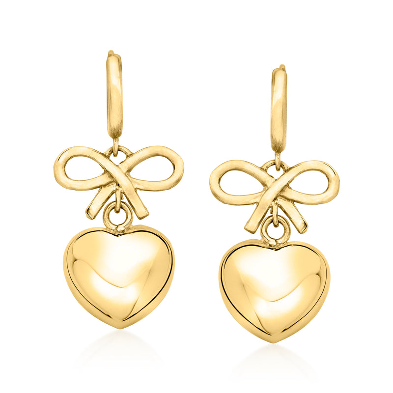 Gold over sterling bow and heart huggie hoop drop earrings with hinged hoop detail