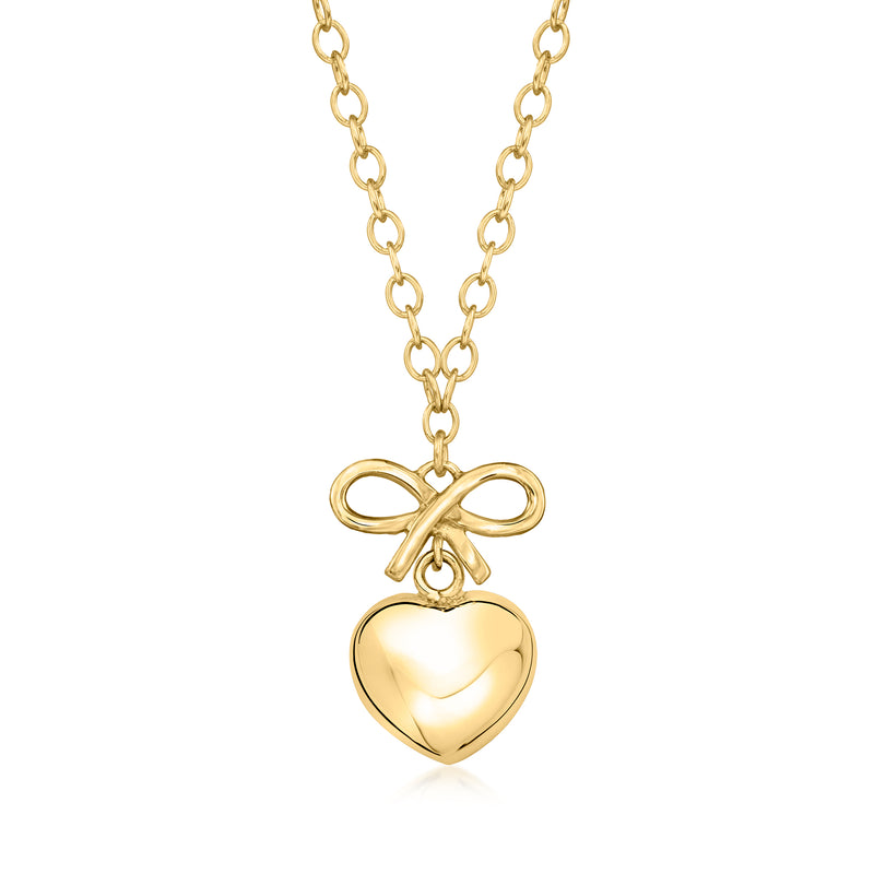 Gold bow and heart pendant necklace with link chain, heart drop below bow