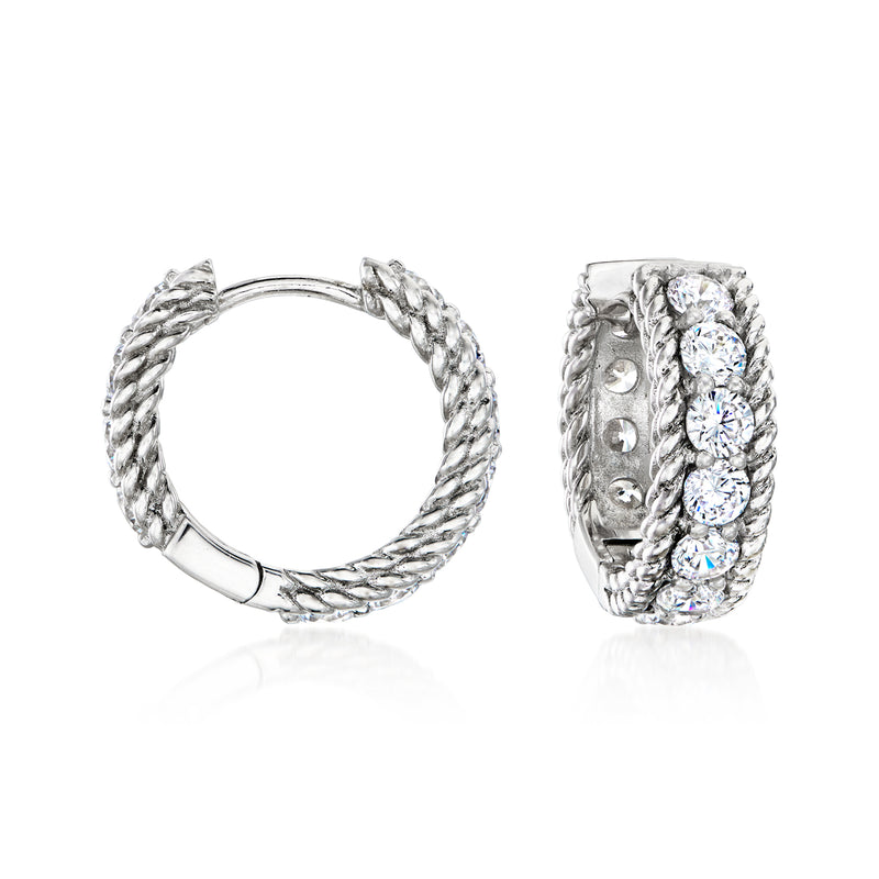 Sterling silver CZ hoop earrings with braided texture and three-stone row