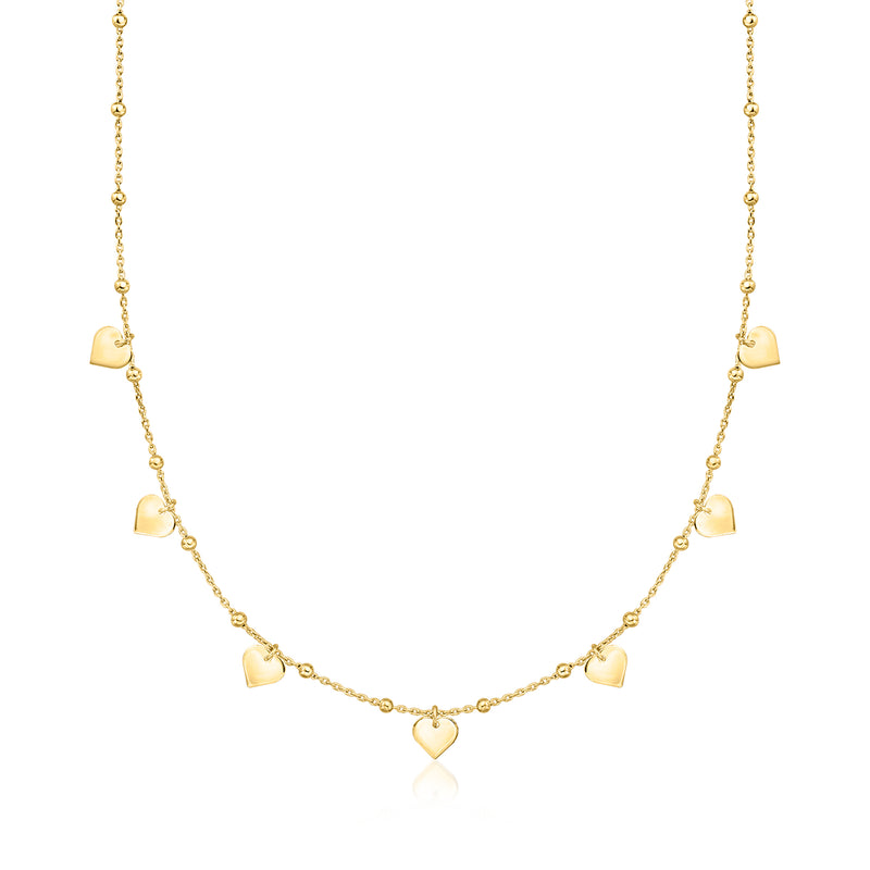 Gold over sterling heart and bead station necklace with linked heart charms