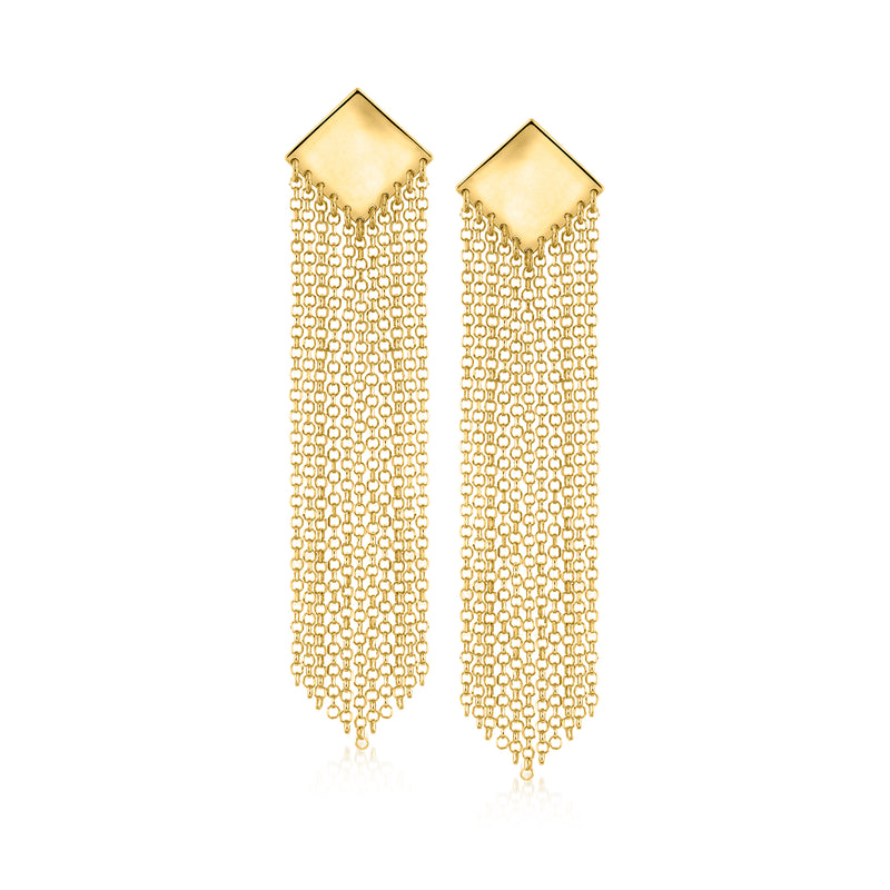 Gold square stud drop earrings with rolo-chain fringe drops