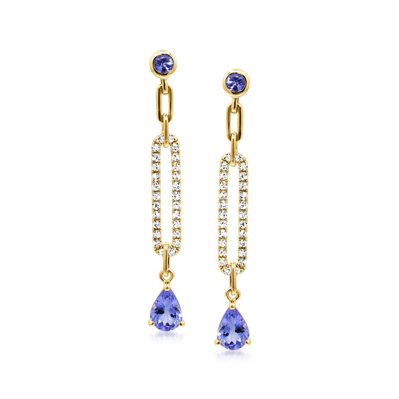Tanzanite and diamond paper clip link drop earrings in yellow gold