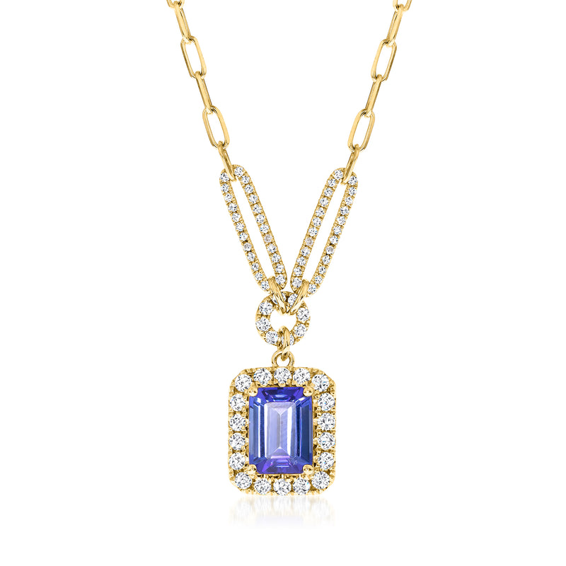Tanzanite and diamond paper clip link necklace with halo pendant in yellow gold