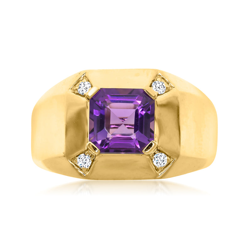 Gold amethyst cushion ring with four diamond accents, 14kt yellow gold band.