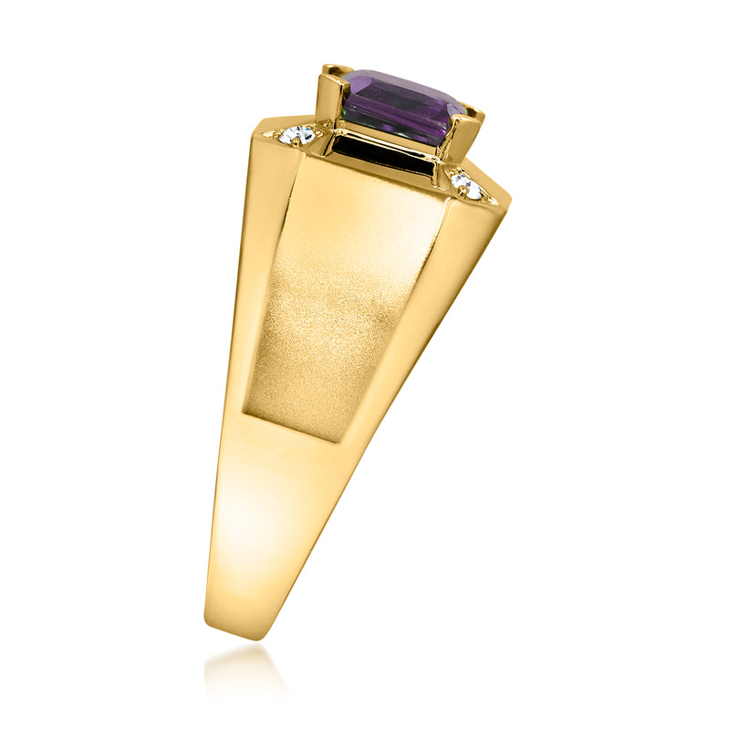 14kt yellow gold amethyst ring, angled view with purple stone and small diamond settings.
