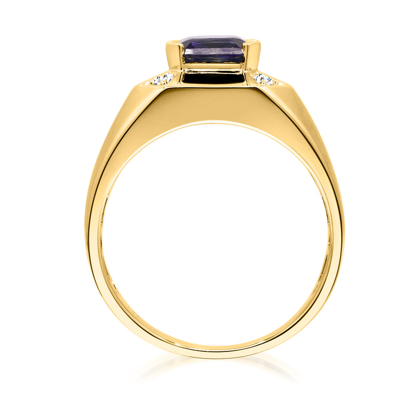 14kt yellow gold amethyst ring with purple top stone and diamond side accents.
