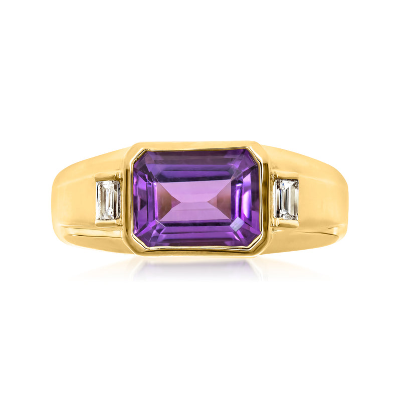 Men's amethyst diamond ring, 14kt yellow gold; square purple center, baguette diamond sides
