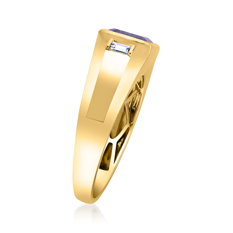 Men's amethyst diamond ring, 14kt yellow gold; angled side shows square purple stone with baguette diamond