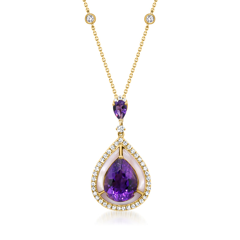 14kt gold pendant: teardrop amethyst, diamond halo, iridescent mother-of-pearl