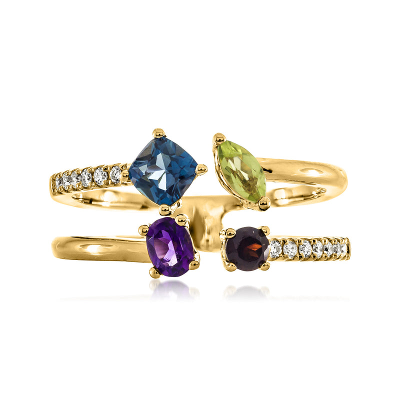 14kt yellow gold open-space ring with blue, green, purple stones and diamond accents